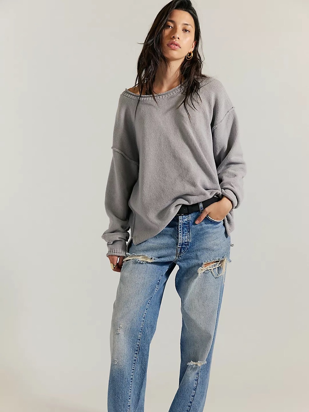 NWT FREE PEOPLE WE THE FREE Ella Roll-Neck Cotton Knit Sweater | Silver Lining - Picture 3 of 5